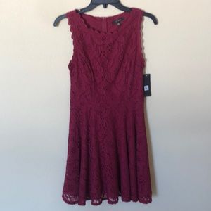 City Studio Juniors' Lace Fit & Flare Dress in Cabernet